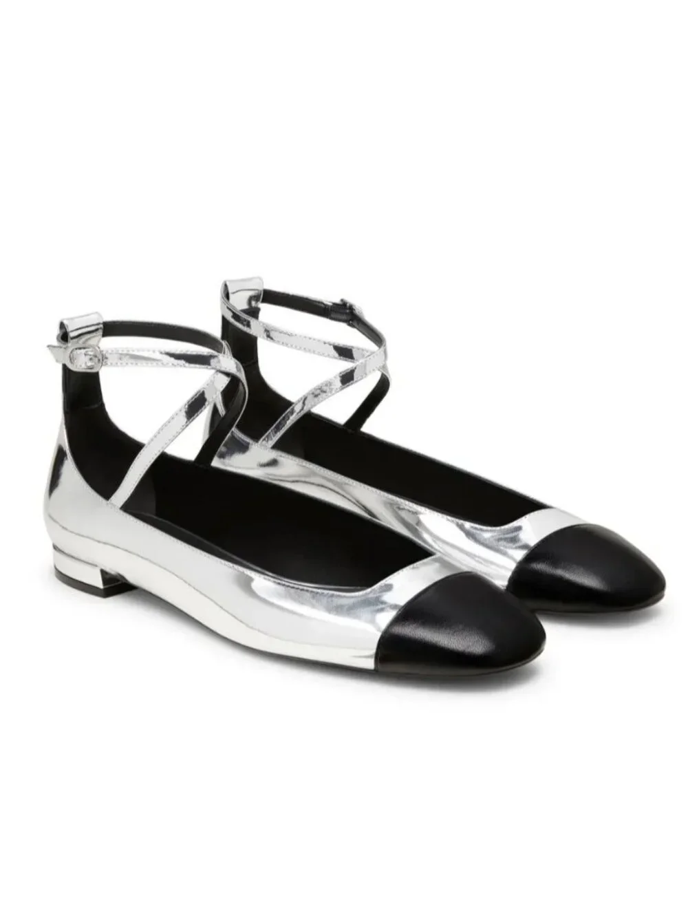 $600 STUART WEITZMAN EDEN STRAP FLAT BALLERINA LEATHER SILVER BLACK 9 B (PD1)